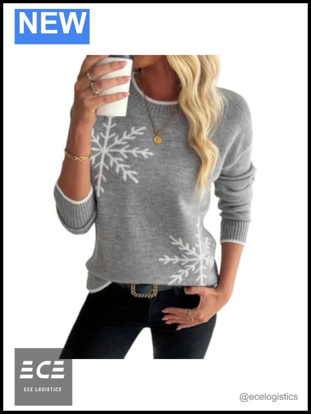 Women's Snowflake Print Crewneck Knit Sweater Long Sleeve Fall Winter Pullover